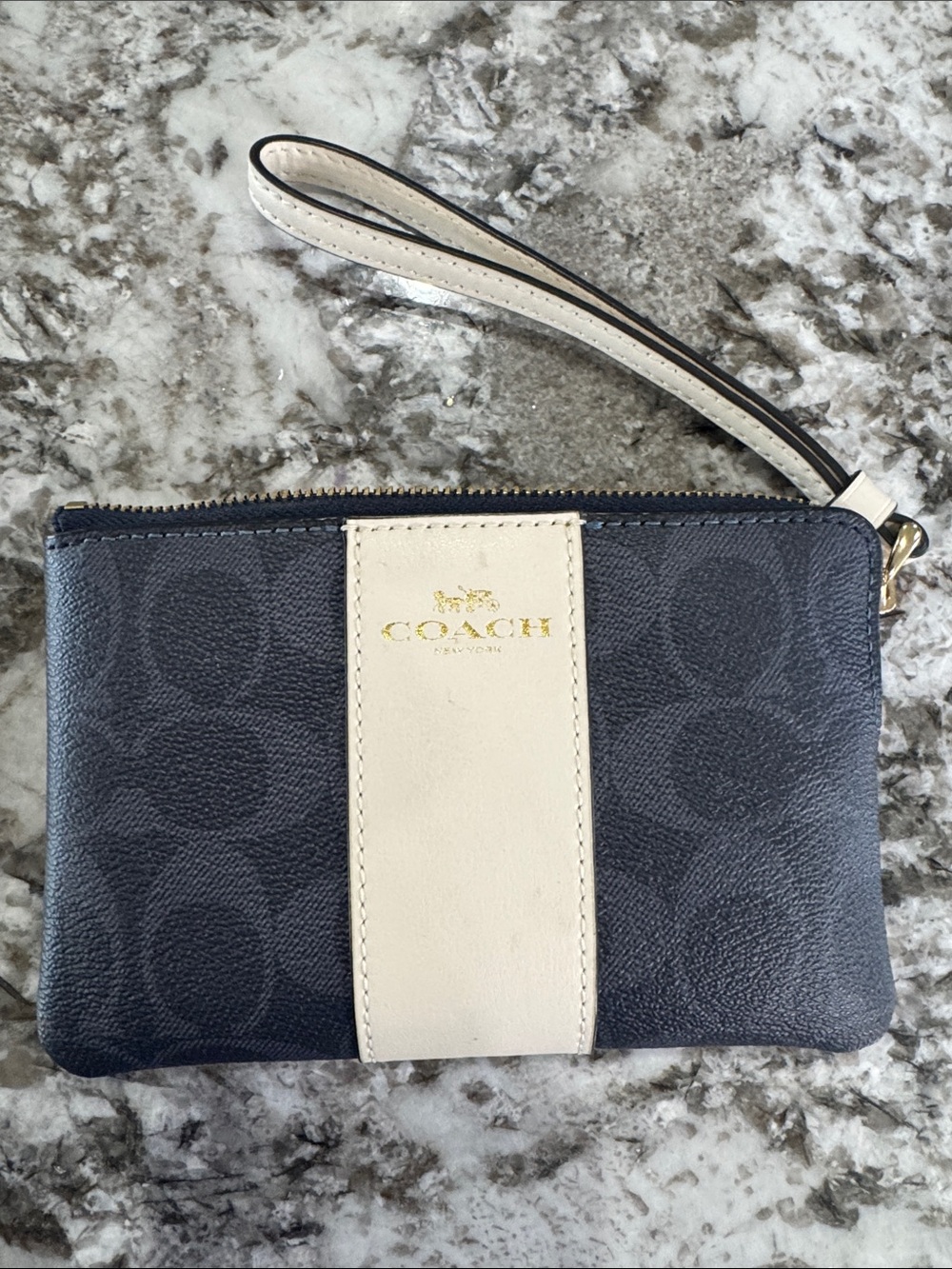 COACH Navy Signature Wristlet with Cream Stripe